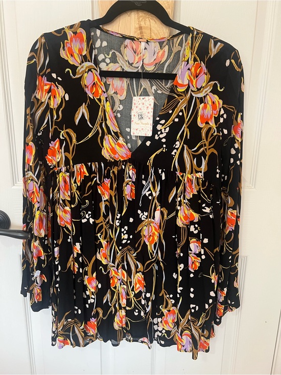 Free People Tops - Free People Black Floral V-Neck Tunic with Pink and Orange Blooms